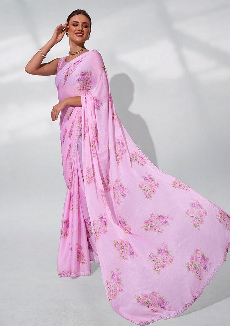 Pink Abstract Print Satin Saree Set