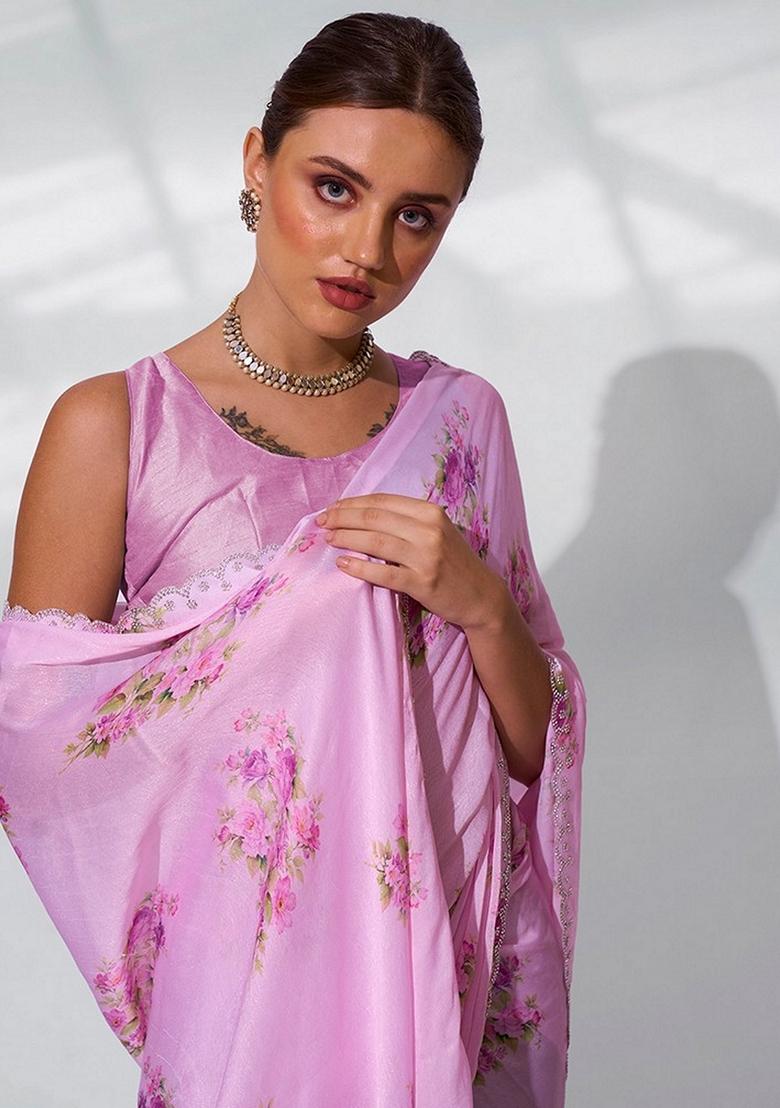 Pink Abstract Print Satin Saree Set