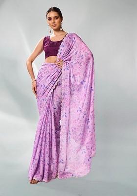 Lavender Abstract Print Satin Saree Set
