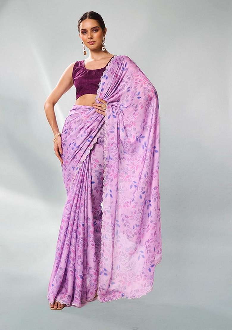 Lavender Abstract Print Satin Saree Set - Indya