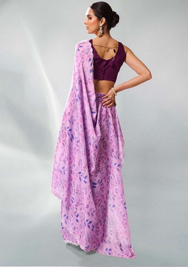 Lavender Abstract Print Satin Saree Set - Indya
