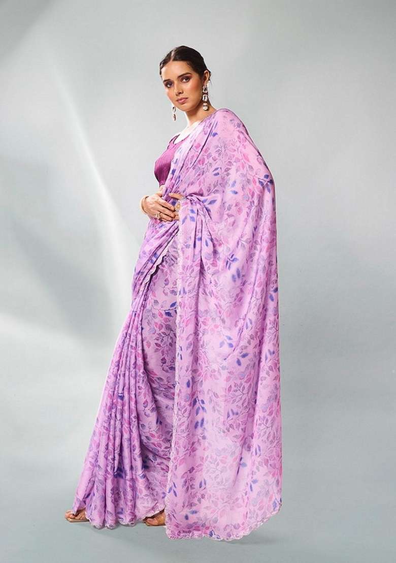 Lavender Abstract Print Satin Saree Set - Indya