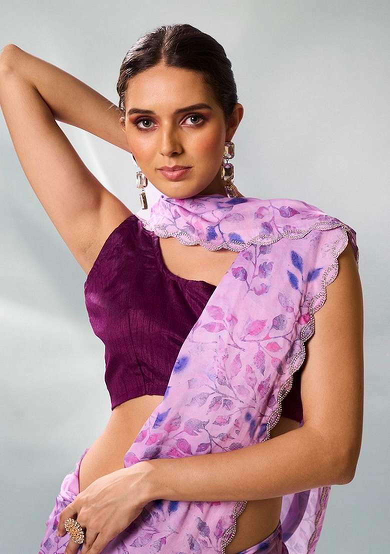Lavender Abstract Print Satin Saree Set - Indya