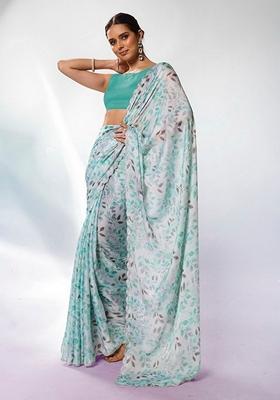 Sea Green Abstract Print Satin Saree Set