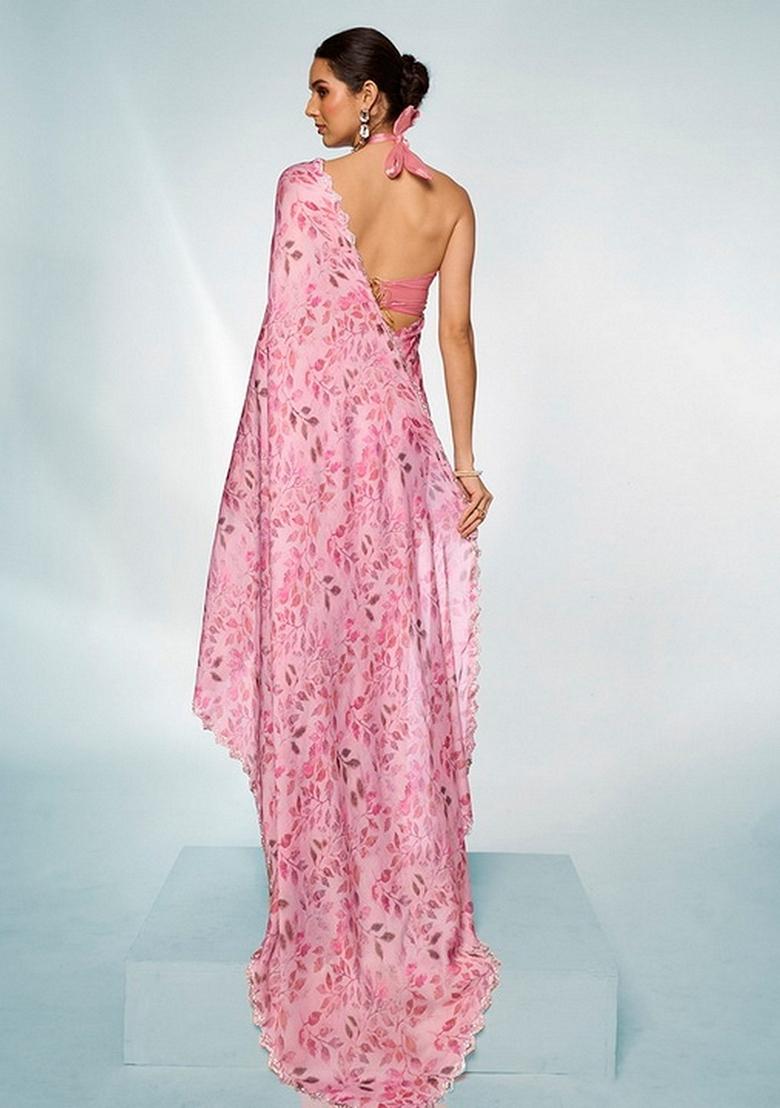 Pink Abstract Print Satin Saree Set