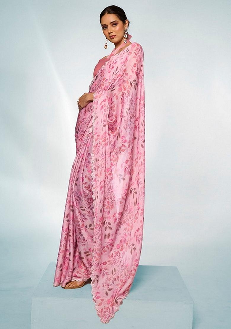 Pink Abstract Print Satin Saree Set