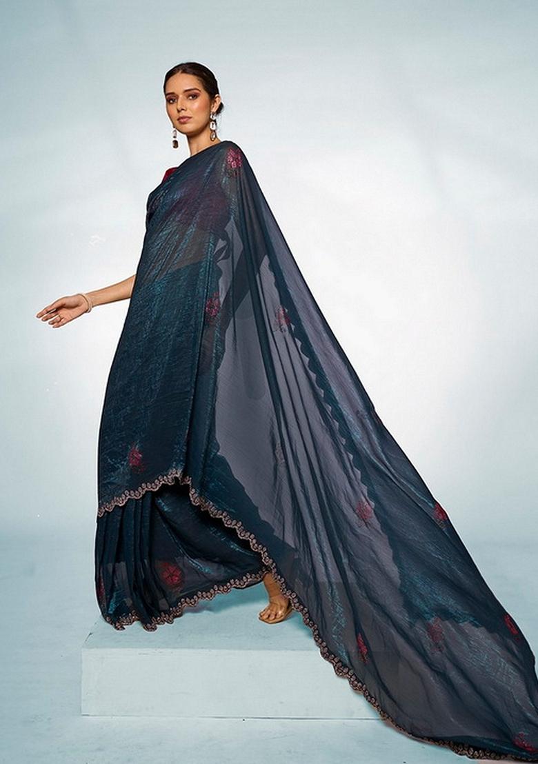 Teal Abstract Print Organza Saree Set