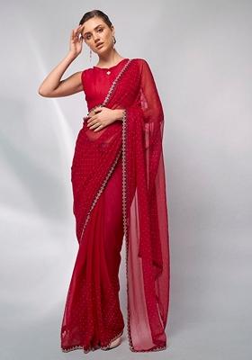 Red Abstract Print Art Silk Saree Set