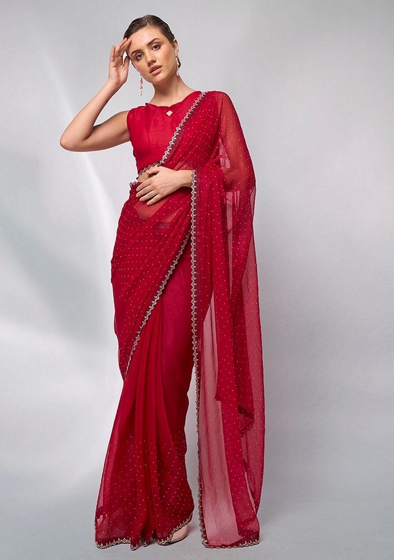 Red Abstract Print Art Silk Saree Set