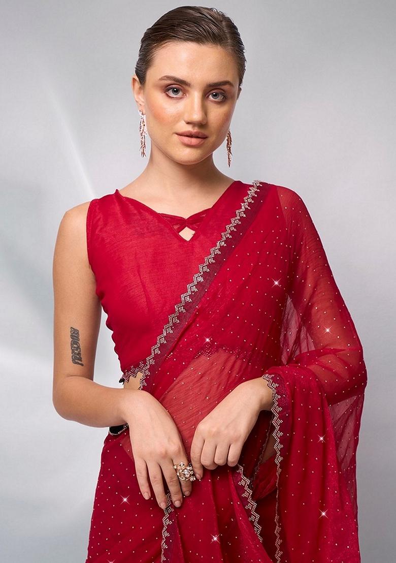 Red Abstract Print Art Silk Saree Set