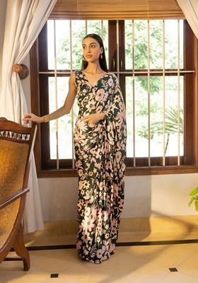 Green Floral Print Art Silk Saree Set
