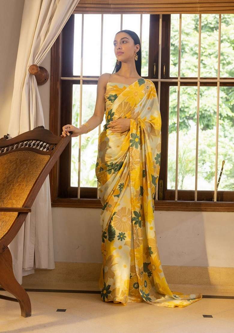 Yellow Floral Print Art Silk Saree Set - Indya