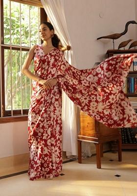 Maroon Floral Print Art Silk Saree Set