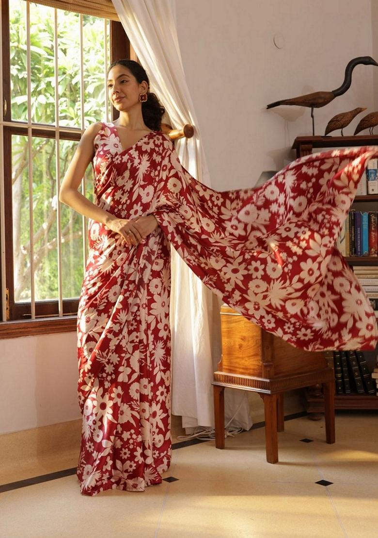 Maroon Floral Print Art Silk Saree Set