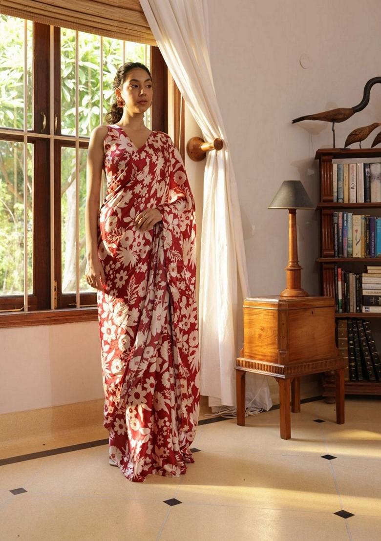 Maroon Floral Print Art Silk Saree Set