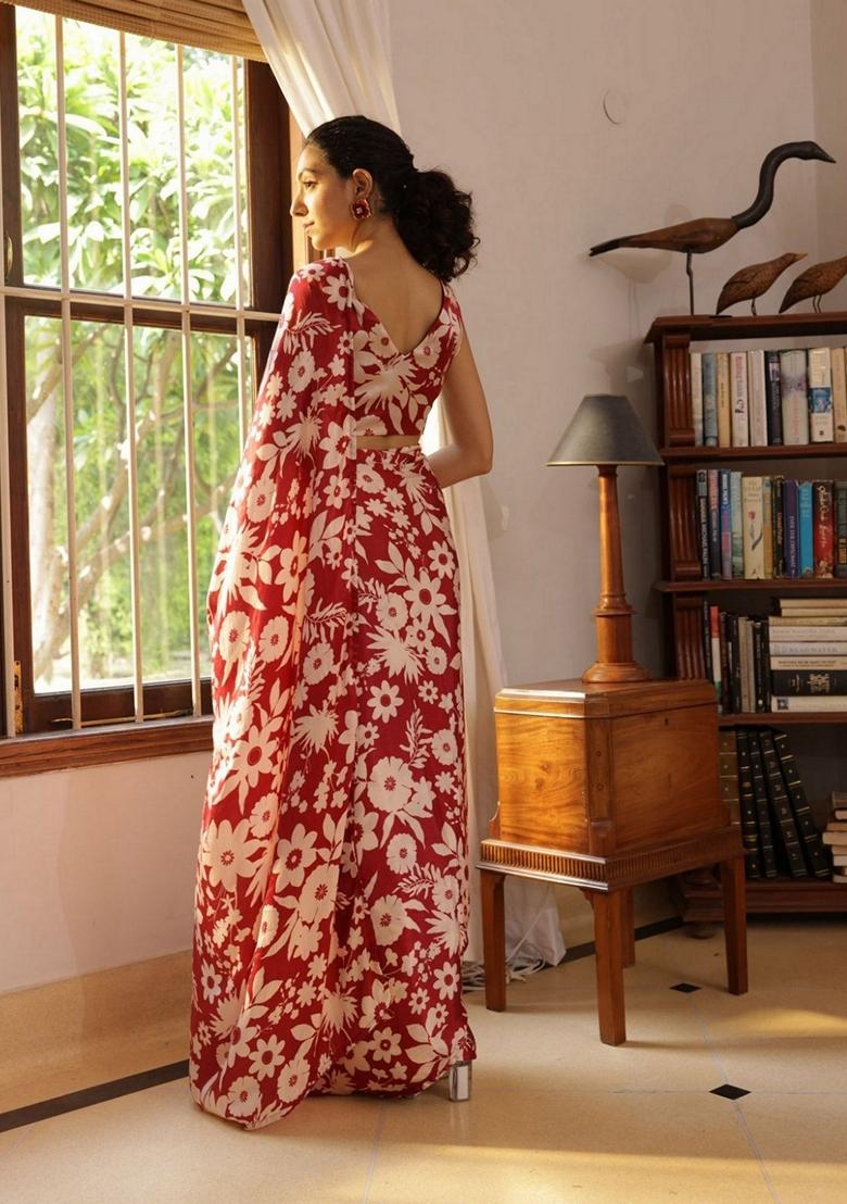 Maroon Floral Print Art Silk Saree Set