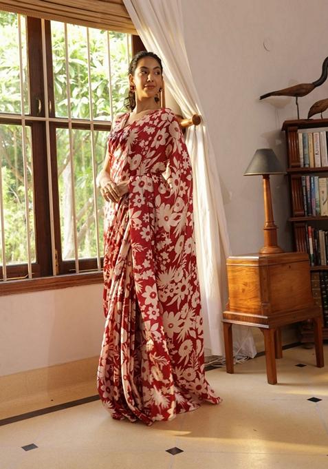 Maroon Floral Print Art Silk Saree Set