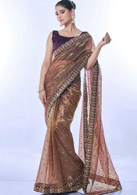 Brown Sequin Embroidered Net Saree Set