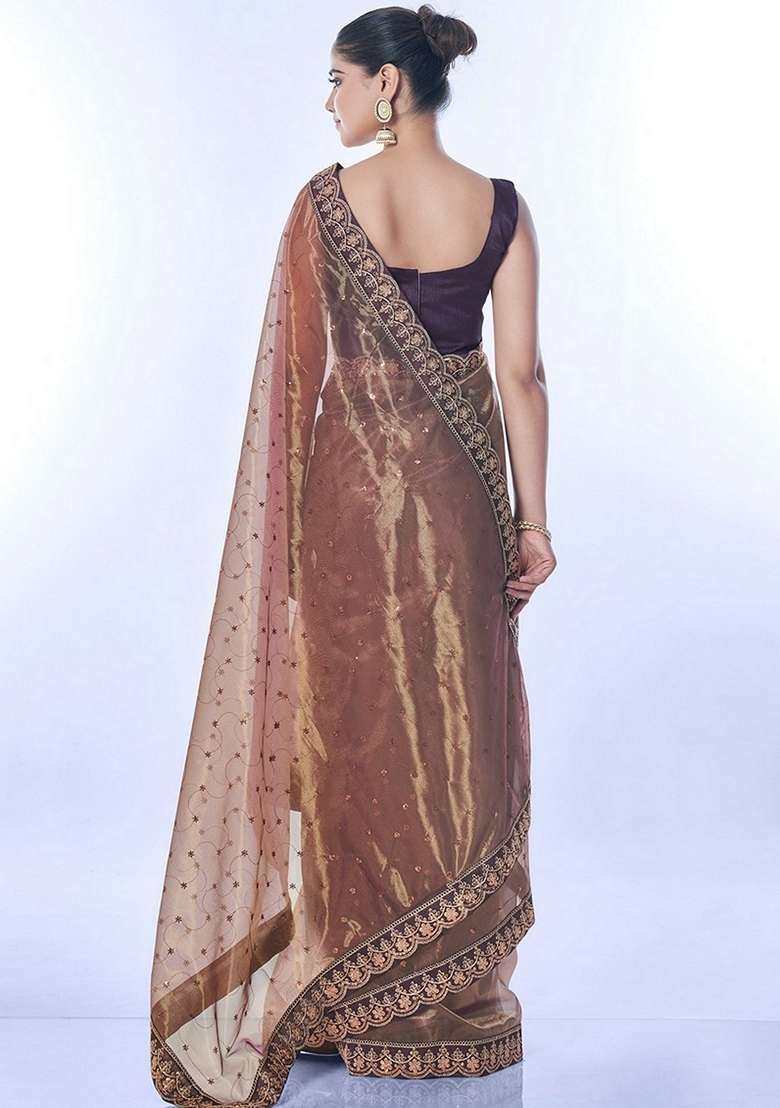 Brown Net Saree Set with Embroidered & Sequin for Diwali | Wedding & Festive Wear - Indya