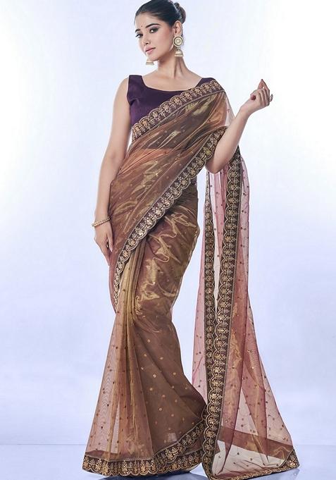 Brown Sequin Embroidered Net Saree Set