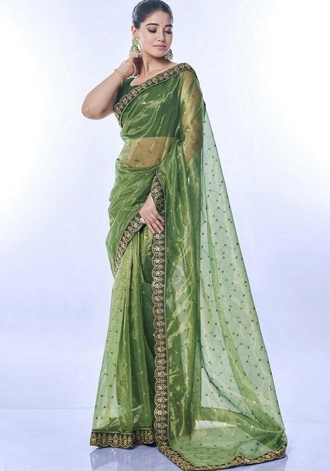 Green Sequin Embroidered Net Saree Set