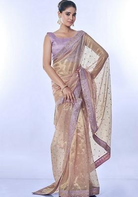 Mauve Sequin Embroidered Net Saree Set