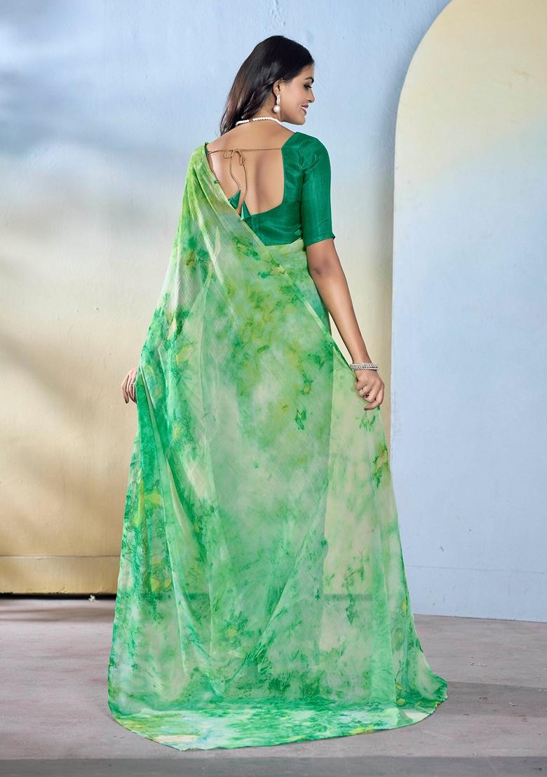 Sea Green Abstract Print Georgette Saree Set