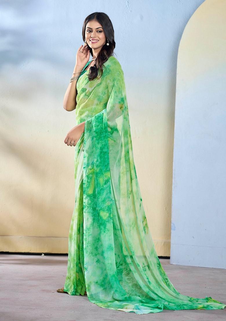 Sea Green Abstract Print Georgette Saree Set