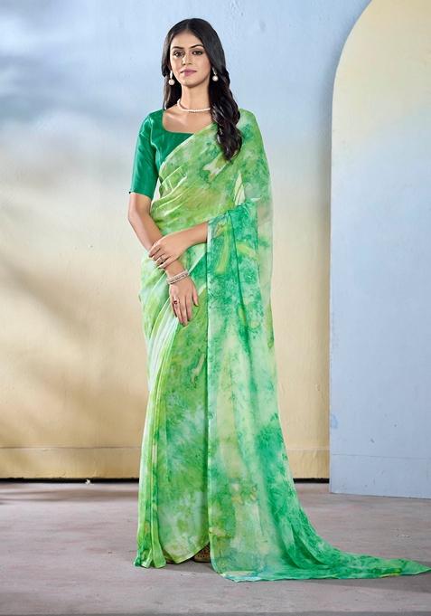 Sea Green Abstract Print Georgette Saree Set