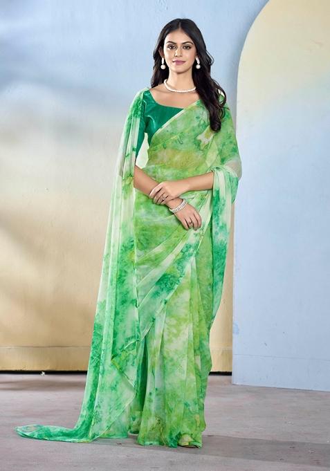 Sea Green Abstract Print Georgette Saree Set