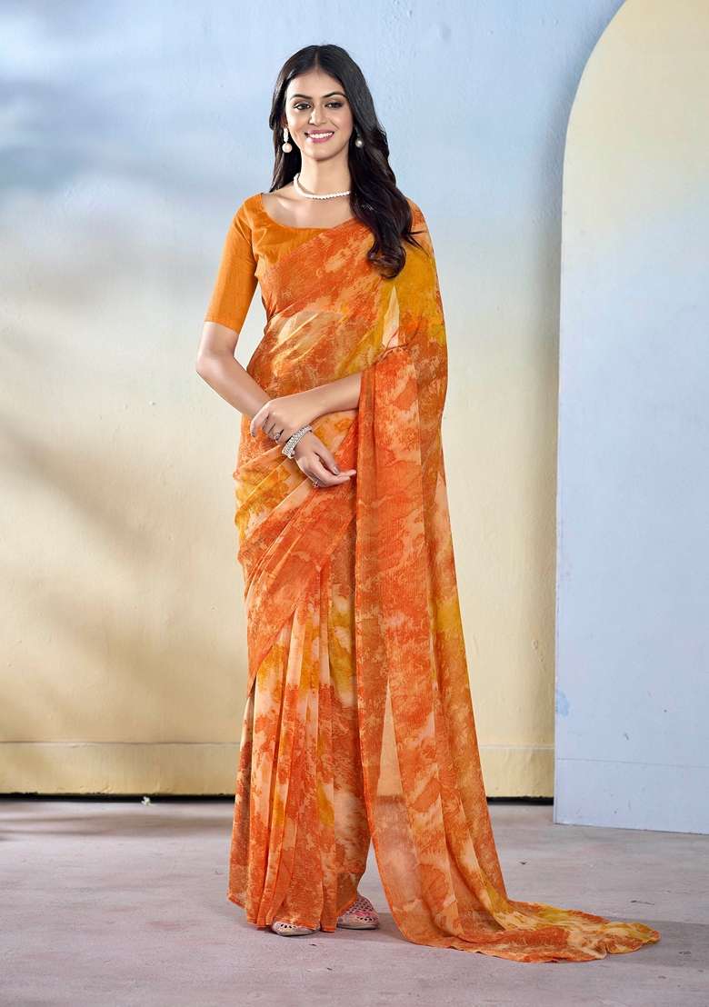 Orange Abstract Print Georgette Saree Set - Indya