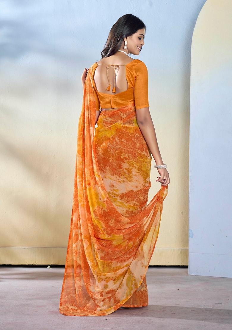 Orange Abstract Print Georgette Saree Set