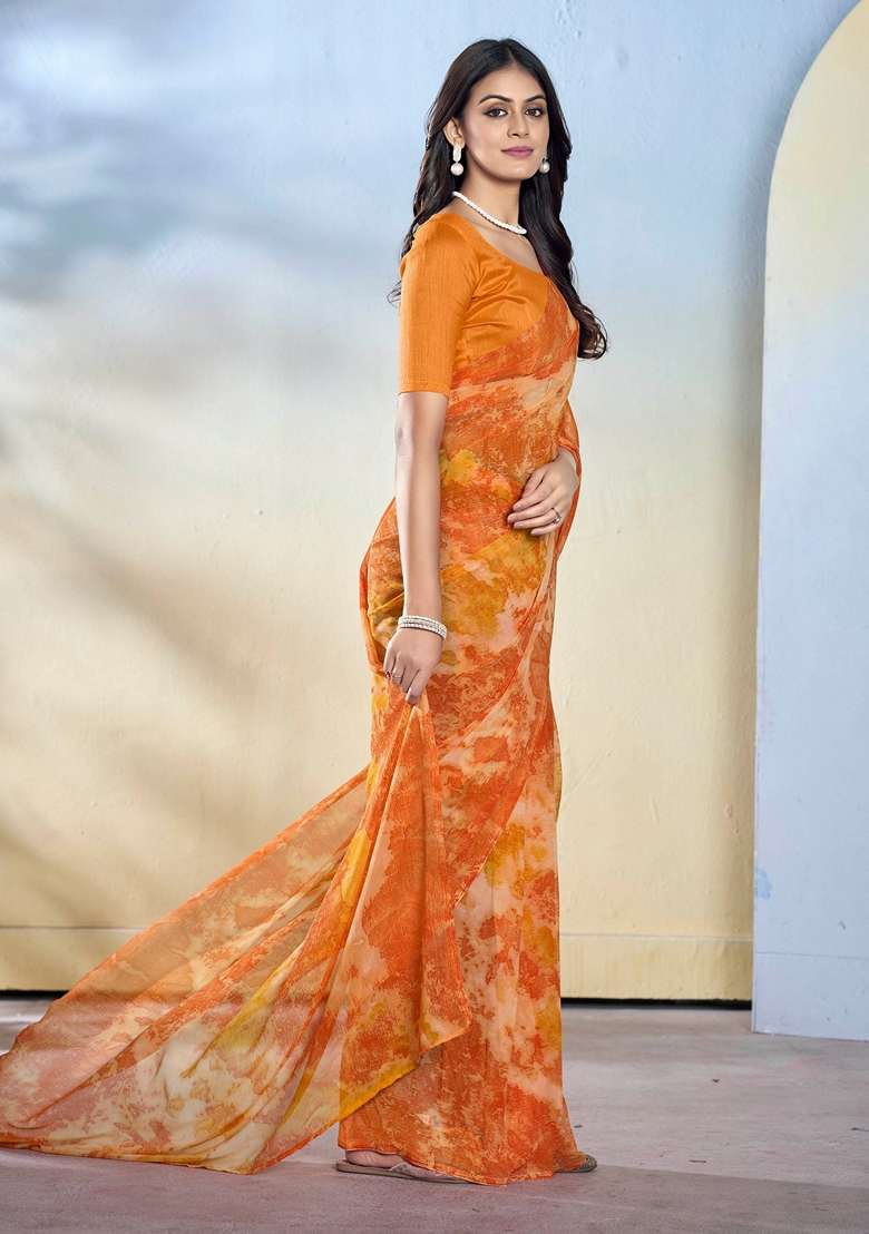 Orange Abstract Print Georgette Saree Set - Indya