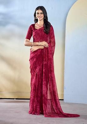 Burgundy Abstract Print Georgette Saree Set
