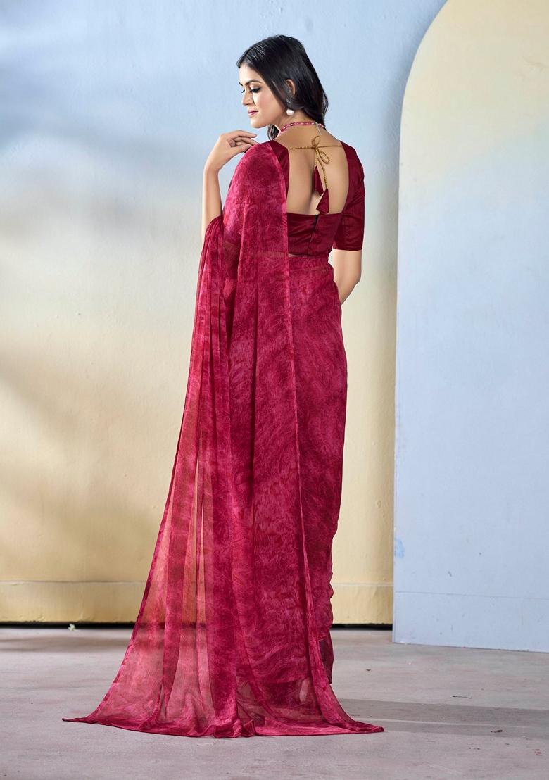 Burgundy Abstract Print Georgette Saree Set