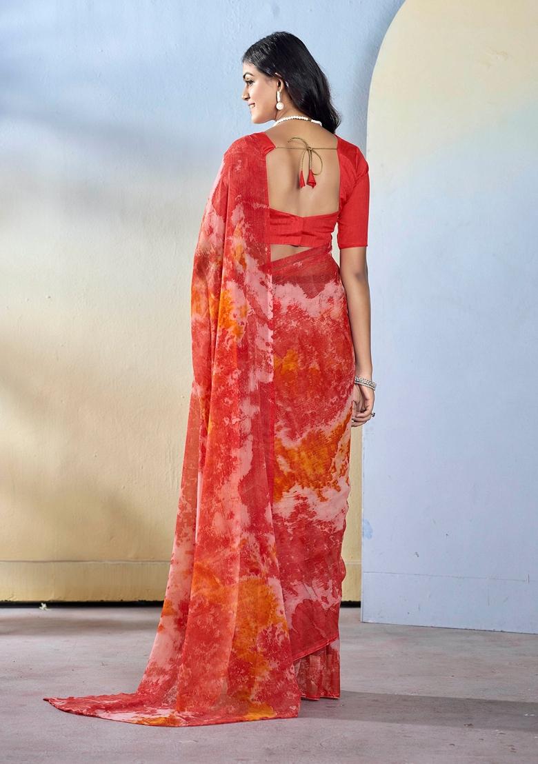 Maroon Abstract Print Georgette Saree Set