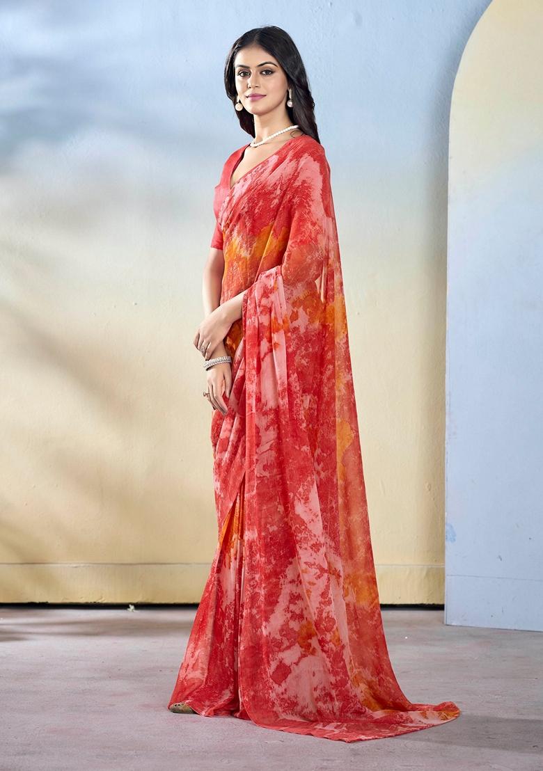 Maroon Abstract Print Georgette Saree Set