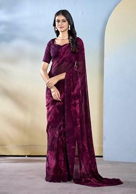 Wine Abstract Print Georgette Saree Set