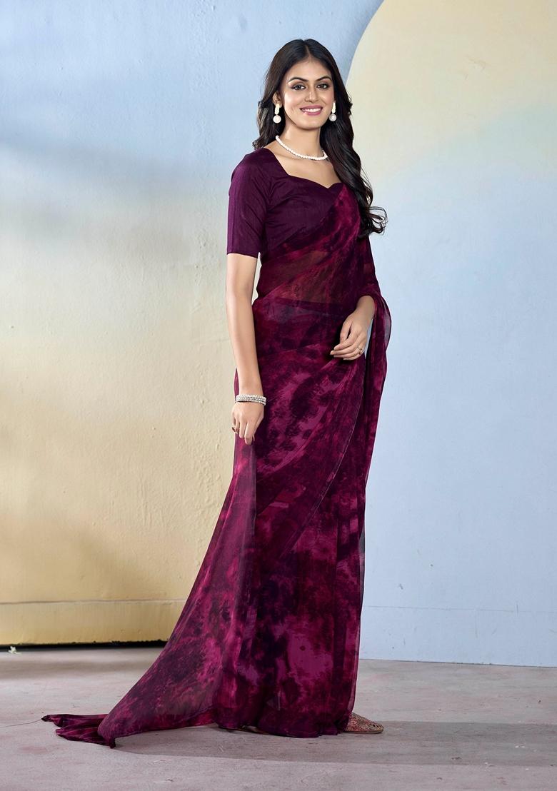 Wine Abstract Print Georgette Saree Set
