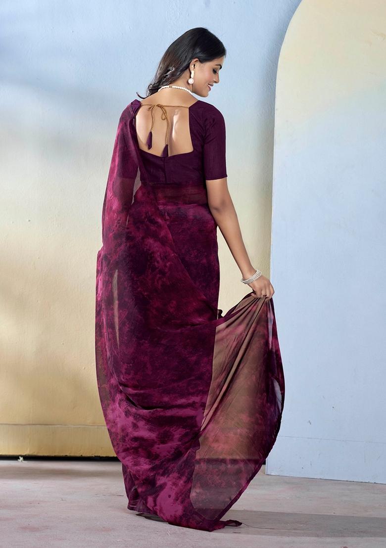 Wine Abstract Print Georgette Saree Set
