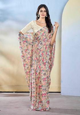 Off White Abstract Print Georgette Saree Set
