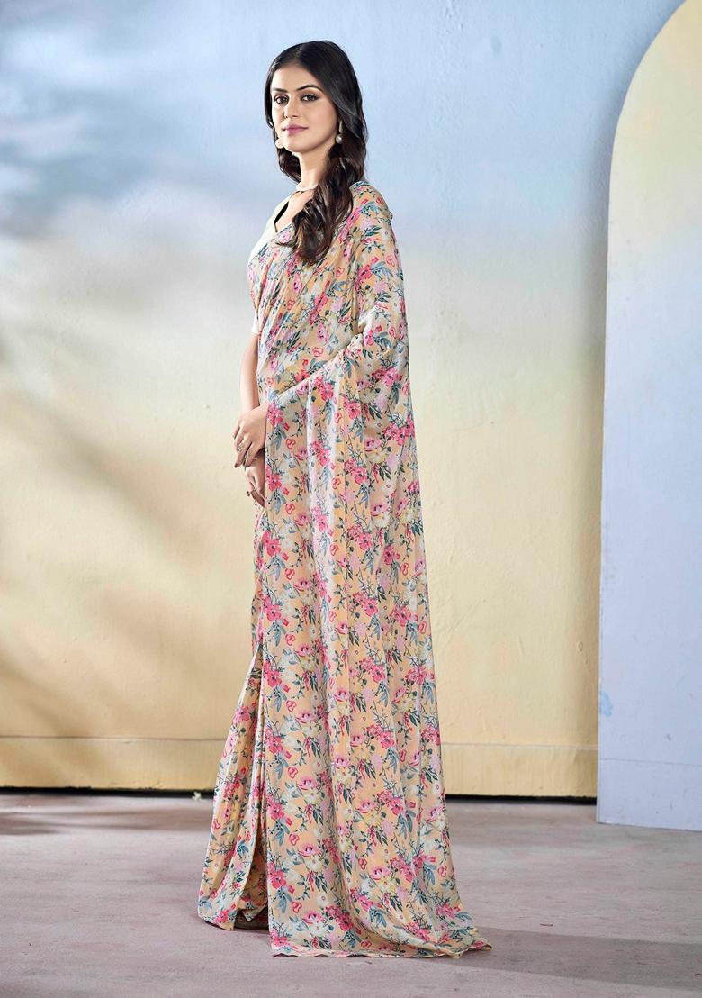 Off White Abstract Print Georgette Saree Set