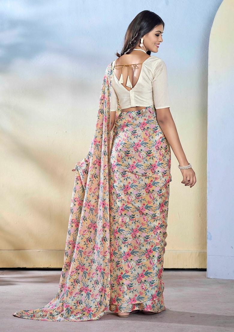 Off White Abstract Print Georgette Saree Set