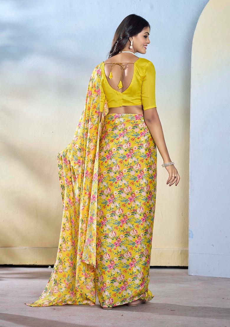 Yellow Abstract Print Georgette Saree Set