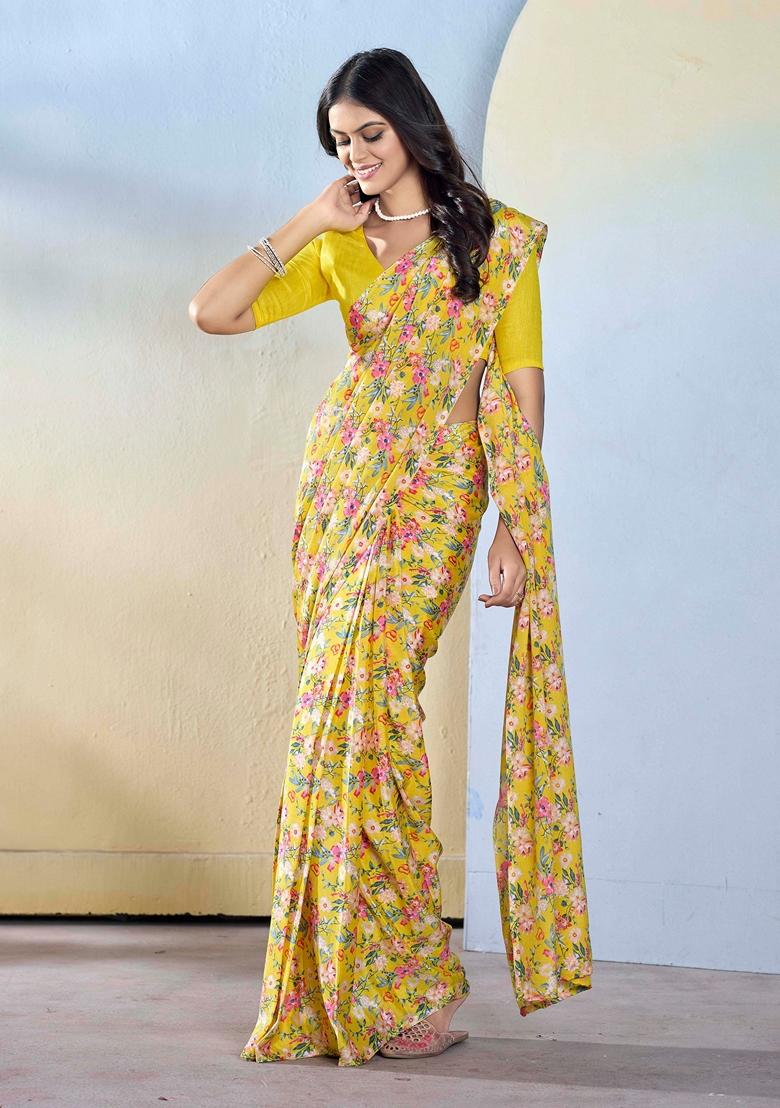Yellow Abstract Print Georgette Saree Set