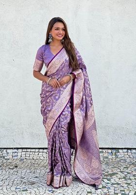 Purple Zari Woven Silk Saree Set