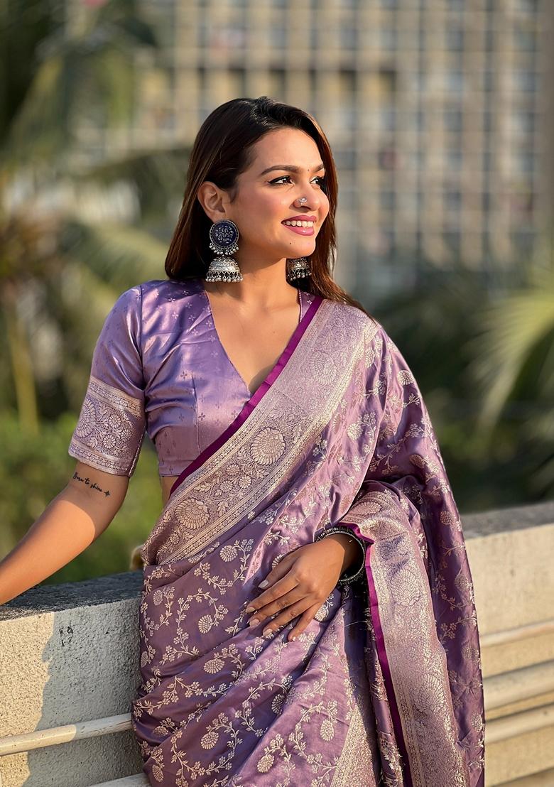 Purple Zari Woven Silk Saree Set