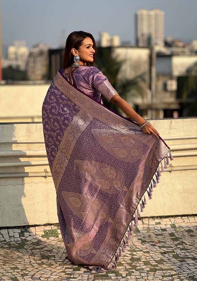 Purple Zari Woven Silk Saree Set