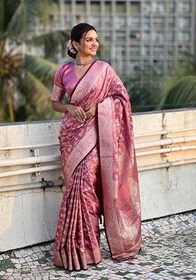 Pink Zari Woven Silk Saree Set