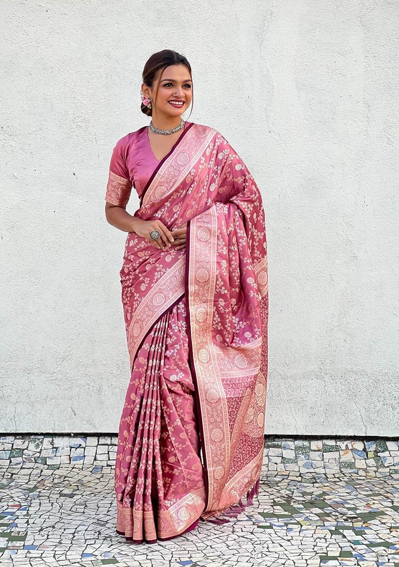 Pink Zari Woven Silk Saree Set